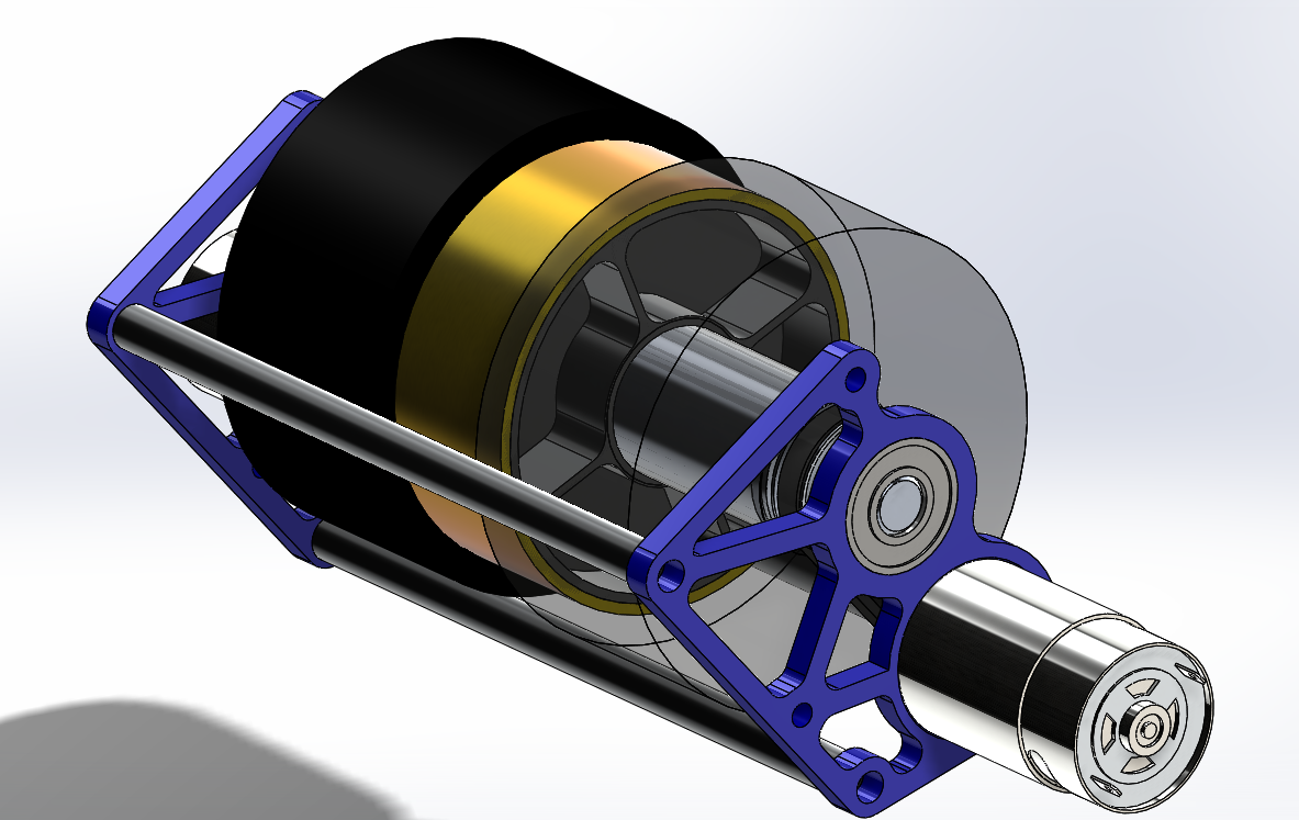 Flywheel CAD with one flywheel translucent to show copper tube spacer in between. 